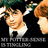 A pixelated image of a person with dark hair and a white-collared shirt, with text below reading 'MY POTTER LEVEL IS TINGLING' against a black background.
