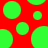 Red background with multiple green circles of varying sizes scattered across the surface.