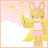 Pixelated cartoon fox with light brown fur, pink inner ears, and a yellow dress stands against a soft pink background with scattered yellow star shapes.
