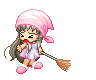 Pixel art character with pink headscarf, long gray hair, and purple dress holding broom in four sequential poses showing arm movement.