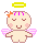 A 3x2 contact sheet of six pixel art frames showing a cartoon baby angel with closed eyes, pink cheeks, and wings in various animation states against a gray background.