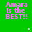 Green background with repeated pink text "Amara is the BEST!!" and scattered white pixelated symbols.