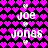 Pixelated text 'joe jones' appears over a heart-patterned background with shifting purple hues.