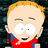 Pixelated cartoon character with blonde hair, red shirt, and blue collar smiling against dark background.