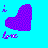 Static pixel art icon with a large purple heart shape on cyan background, small scattered purple pixels above and below the heart, and 'love' text in stylized lowercase letters at bottom left.