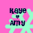 Four identical pixelated icons on pink background with cyan starburst shape, each displaying 'kaye' above 'amy' with small heart symbol between them.