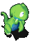 Green pixelated creature with blue underbelly and white eyes, shown in multiple poses on gray background.