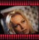 A sequence of showing a person with blonde hair in various head positions against a patterned background, bordered by red and black striped bars