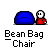 Animated contact sheet of a beanbag chair icon showing sequential frame changes with text bubbles, featuring a blue beanbag and red cartoon character on gray background.