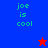 Pixelated text 'joe is cool' in cyan on blue and red backgrounds with red and blue stars, split into four quadrants.