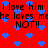 Red background with scattered blue pixelated hearts and repeated black text reading "i love him he loves me NOT!!" in a pattern