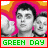 Animated contact sheet of a Green Day-themed buddy icon featuring two band members with alternating facial expressions and hand gestures against a pink-orange gradient background, repeated across 13 frames in a 4x4 grid layout.