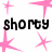Pixelated pink starbursts and repeated 'shorty' text on a white background with partial gray overlay.