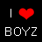Static pixel art displays 'I' followed by a red heart symbol and the word 'BOYZ' in white blocky text on black background.