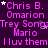 A static image with a purple background displays repeated text in pink and white, including names like "Chris B. Omarion" and phrases such as "Trey Songz:Trey Songz: Mario I luv them," with small star symbols scattered throughout.