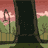 Animated sequence of a green cartoon character with white eyes and mouth moving across a landscape background featuring trees, a lamppost, and pinkish sky.