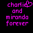 Two side-by-side pixelated text displays on black background, both reading 'charlie and miranda forever' in bright pink, with left version featuring a heart symbol replacing the 'i' in 'charlie'.