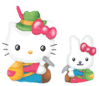 Pixelated cartoon character with green hat and pink bow holding yellow object, alternating between cat and rabbit forms with closed eyes in second frame.