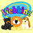 Pixelated icon with yellow background showing three animals under a blue banner reading 'webkinz' in multicolored letters, pink border below.