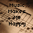 Pixelated image with text "Music Makes Me Happy" on left and a smiley face on right over musical staff background.