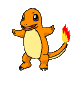 Two side-by-side pixelated orange dinosaur-like creatures with blue eyes, yellow bellies, and red-yellow flame tails stand against a gray background.