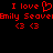 Red pixelated text and symbols on black background: 'I love' with heart symbol, 'Emily Seave', and three heart symbols below.
