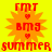 Pixelated red text and orange sunburst on bright yellow background with four identical arranged in a