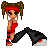 Pixel art character with red headband, brown pigtails, and red outfit holding black object against gray background.