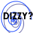 Four spiral patterns with blue and gray lines, each containing the text "DIZZY?" in black pixelated font at different positions.