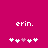 A static image with a solid magenta background displays the text 'erin.' in white pixelated font above a of six heart symbols, where the third heart is pink and the rest are white
