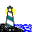 Pixelated lighthouse animation on gray background with blue water and black rocks, showing light beam transitions from full glow to directional beam.
