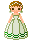 Pixelated character in green and white dress with floral headband, shown from multiple angles on gray background.
