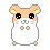 Pixel art hamster with orange-brown and white fur, black eyes, pink cheeks, small feet, and a rounded body in multiple poses.
