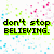 Pixelated text reads "don't stop BELIEVING." with scattered colored pixels on white background.