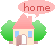 Pixel art contact sheet showing two frames of an animated house icon with a speech bubble containing the word 'home' in one frame and closed door in the other, set against gray background.