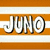 A four- shows a character with brown hair in various poses: top-left displays 'JUNO' text on orange and white stripes, top-right depicts the character holding an object near another figure, bottom-left shows the back of the character's head, and bottom-right features two figures interacting