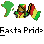 A static contact sheet of a Rasta Pride buddy icon featuring pixel art elements including a green map outline, a character with dreadlocks wearing red/yellow/green clothing, and a flag with those colors, alongside promotional text for badassbuddy.com.