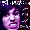 Pixelated close-up of a person with dark hair and purple lighting, overlaid with white text reading "don't cha wish your boyfriend was hot like pete".