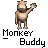 A contact sheet of 8 animated frames showing a pixelated monkey character waving, with text "Monkey Buddy" beneath each frame on a gray background.