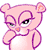 Pixelated pink cartoon animal with purple outlines, one eye squinted, one eye open, hand near mouth, orange nose, and raised ear.