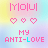 A 3x2 contact sheet of animated frames showing a pixel art icon with 'YOLO' text, hearts, and 'MY ANTI-LOVE' text on a pastel gradient background.