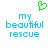 Green pixelated heart above blue pixelated text reading 'my beautiful rescue' on white background.