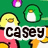 Pixelated icon with green background, yellow bird-like character on left, white text 'Casey' in center, and circular green-and-white figure on right.