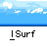 Pixel art animation of a white stick figure surfing on red-and-white striped board across multiple frames with blue ocean and sky background.
