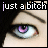 identical anime-style eye close-ups with purple irises and pink pupils, each bordered by black text reading "just a bitch" in white and purple lettering
