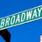 six distinct images featuring Broadway street signs, Playbill covers, and other theatrical imagery including a blue dress and 'hairspray' text