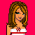 Pixel art of a woman with long brown hair wearing red-and-white striped crop top and blue jeans, displayed in multiple cropped views on bright pink background.