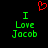 A black background displays two identical green text phrases 'I Love Jacob' with a red pixelated heart above them.