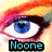 A pixelated close-up of a blue eye with black eyeliner and colorful eyeshadow, featuring text overlays in cyan and black.