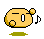 Four pixelated yellow circular figures with white vertical eyes, black outlines, and small rounded ears on a gray background; each has a green base and musical note symbols.
